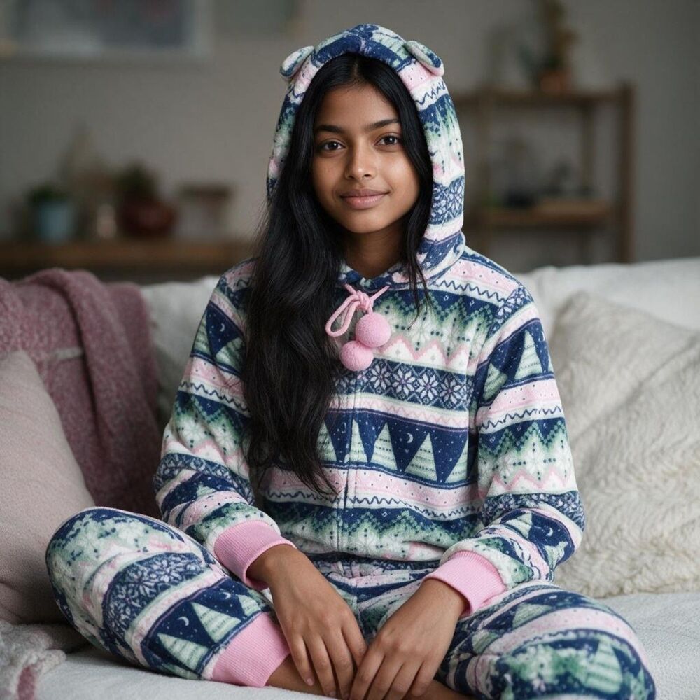 Munki Munki Pink Blue Fair Isle Plush Fleece Hooded Union Suit Jumpsuit Sz M